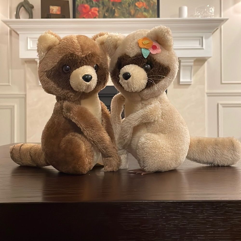Two 1979 R. Dankin Racoon Stuffed Animals Good Condition 9” tall Vintage 70s